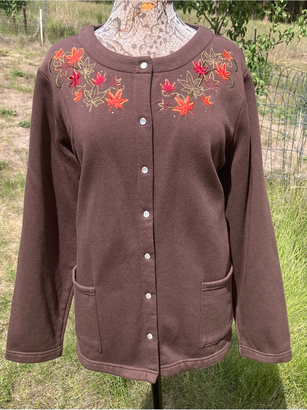Brown Embroidered Maple Crewneck Cardigan Sweater